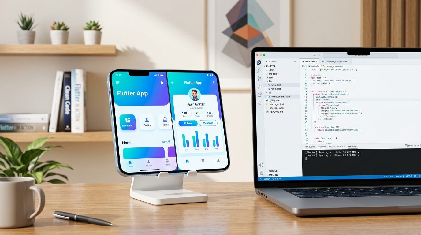 Flutter Mobile Programming Training in Surat showing live iOS Android code and responsive app interface