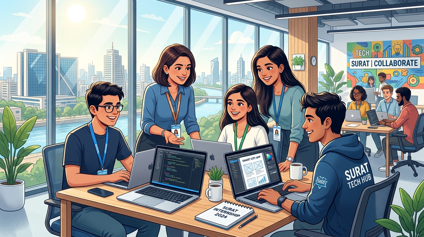 IT Internship Opportunities in Surat showing university students collaborating on software projects with mentors