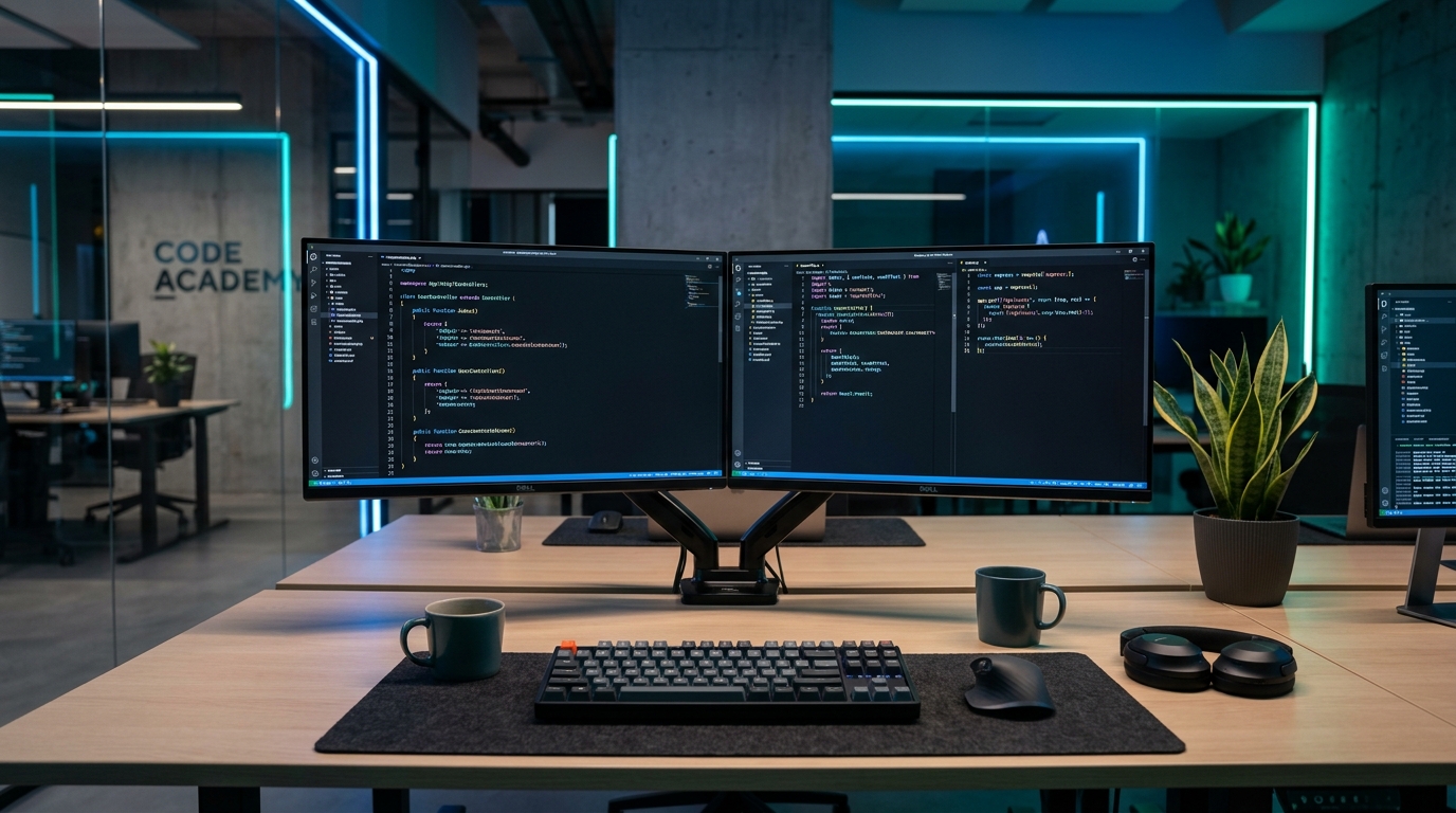 Web Development Training in Surat showing modern workstation with PHP, React, and Node.js code editors